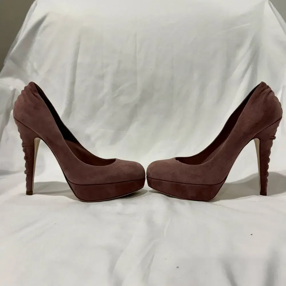 Miu Miu Dusty Rose Suede Whipstitch Platform Pumps Heels Size 38.5